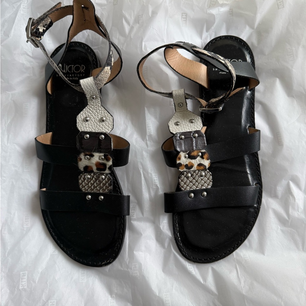 Italian made Black and White Sandals with Ankle Strap